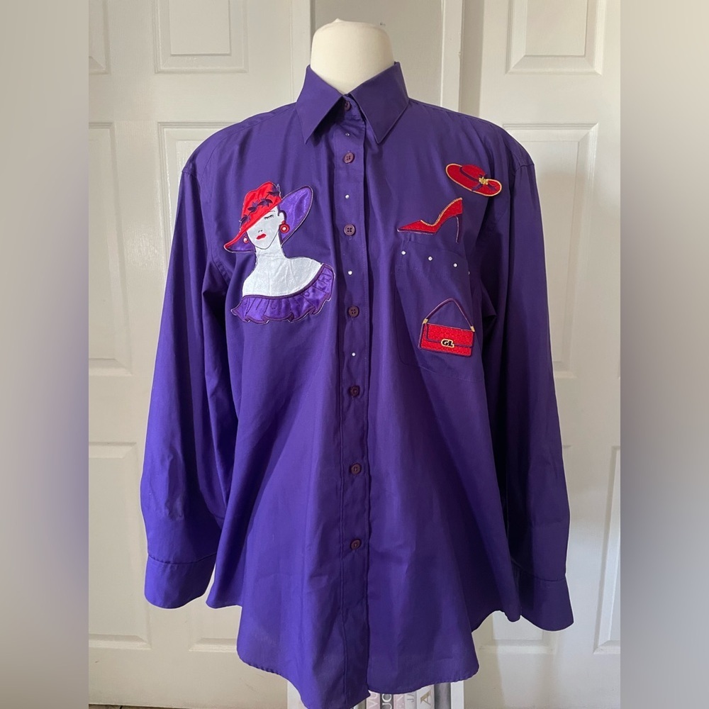 Get Lucky Blouse Size M Purple Red Hat Fashion Long Sleeve - Picture 9 of 9